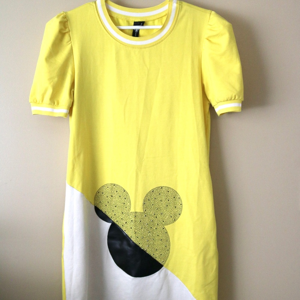 Top Secret Yellow White Shirt Dress Mickey Mouse Rhinestone Women's Small Disney